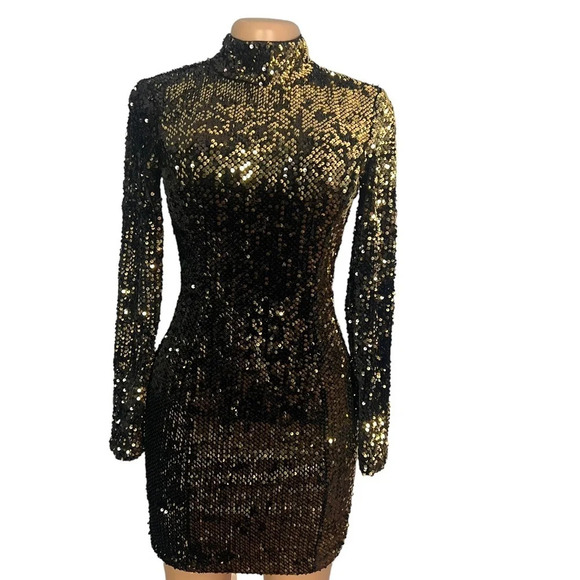 Milly Sequin Gold Turtleneck Mini Dress - Picture 3 of 11